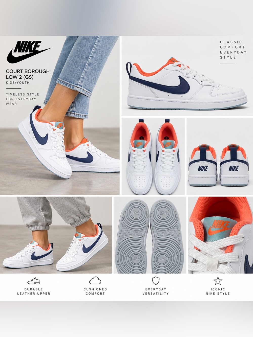 Nike Court Borough Low 2 GS White Navy Orange Sneakers Youth 7Y New